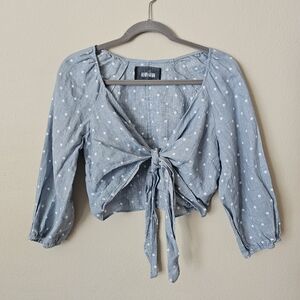 Reformation Blue Polka Dot Tie-Front Blouse